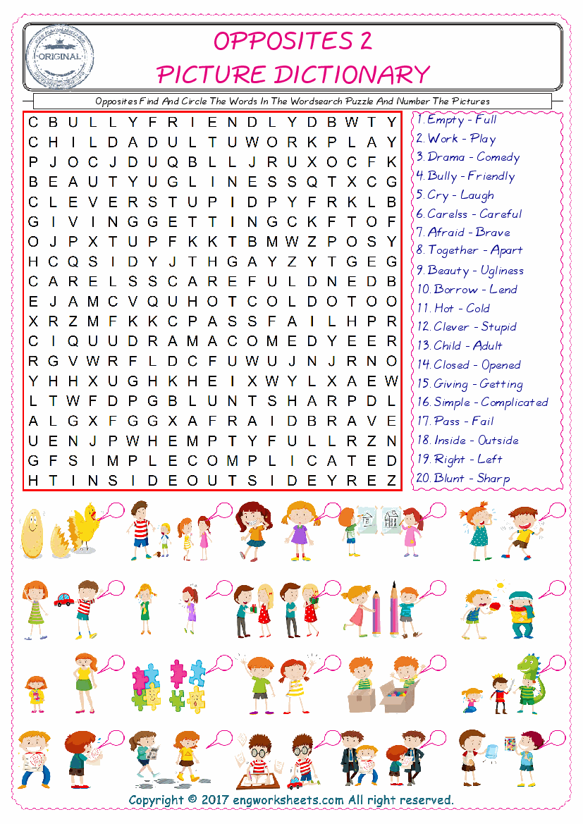  ESL wordsearch worksheets for kids, find Opposites words in the word wordsearch write its number on its picture English worksheet. 